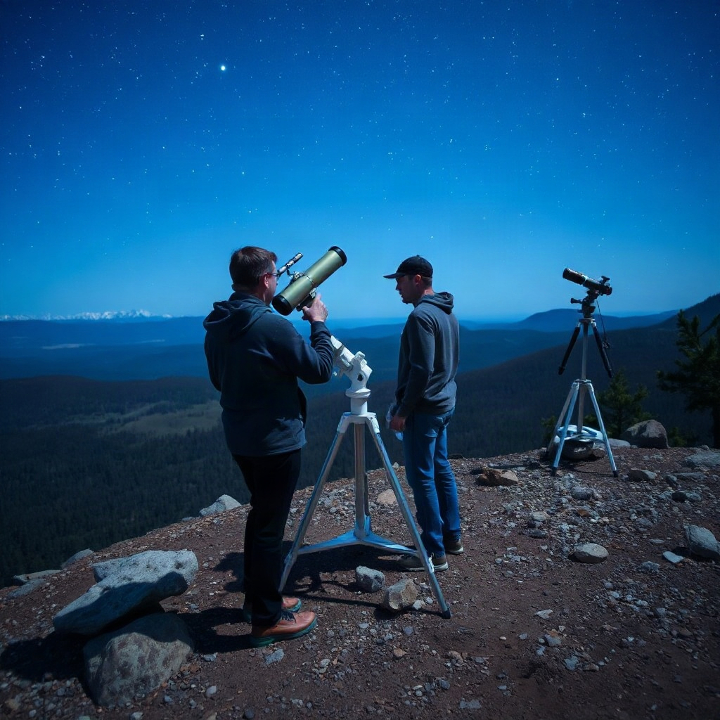 Astronomer observing stars from a mountain observatory